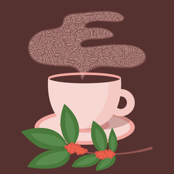 Vector coffee cup with smoke and coffee bean plant flat illustration. Flat coffee cup vector print