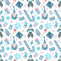 Watercolor Christmas background in vintage style. Winter Seamless pattern.