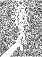 Happy woman looking in mirror coloring page illustration. Hand drawn flowered mirror and beautiful woman looking bector illustration. Coloring book for children and adults