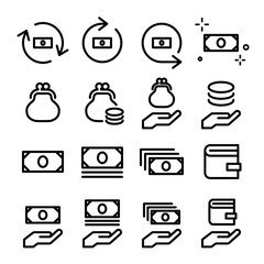 お金・紙幣・コイン硬貨・支払い・財布・がまぐち・家計・ファイナンスのアイコンセット