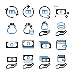 お金・紙幣・コイン硬貨・支払い・財布・がまぐち・家計・ファイナンスのアイコンセット