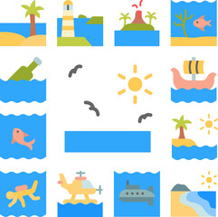 Sun, birds, ocean icon in a collection with other items