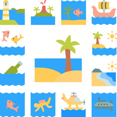 Island, palm, ocean icon in a collection with other items