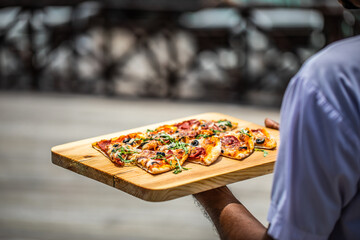 Sunny closeup in outdoor restaurant waiter bring tasty Italian pizza to customers, hold wooden tray...