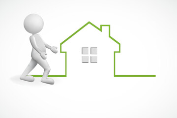 3D white small people and modern green ecological house logo banner render creative illustration background template