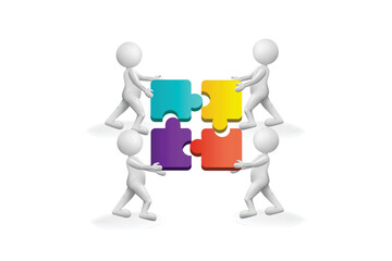 3D small white people solution and finishing a colorful puzzle vector image template with vivid colors