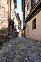 Fototapeta na wymiar Narrow cobbled streets of, La Alberca, a small town in Spain. It was the first Spanish town declared a Historic-Artistic Site, in 1940.