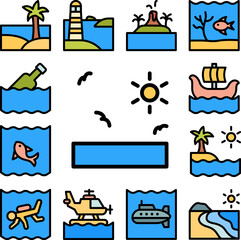 Sun, birds, ocean icon in a collection with other items