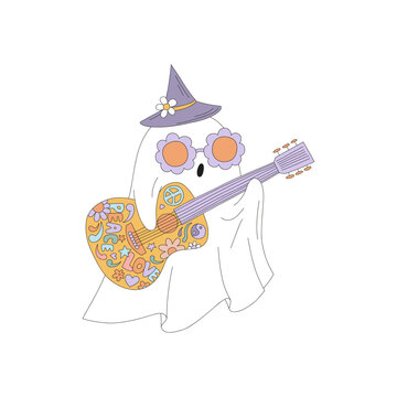 Retro 70s 60s Hippie Groovy Halloween Ghost with guitar vector illustration isolated on white. Flower power floral shades witch hat spook print for T-shirt design.