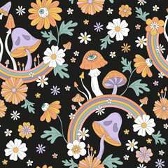 Trippy Mushrooms Rainbow eyed flowers groovy vector seamless pattern. Retro 60s 70s boho mystic garden florals toadstools background. Hippie Halloween surface design. © AngellozOlga