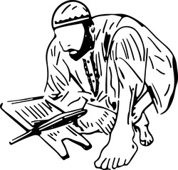 Sketch drawing of islamic man reading quran, Line art illustration of muslim man reading quran on stand, Silhouette of man reading holy book quran