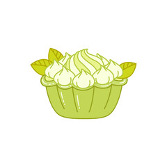 Oriental matcha green tea dessert. Flat cartoon illustration of a creamy cupcake isolated on a white background. Vector 10 EPS.