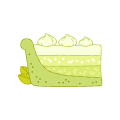 Oriental matcha green tea dessert. Flat cartoon illustration of a slice of cake with cream isolated on a white background. Vector 10 EPS.
