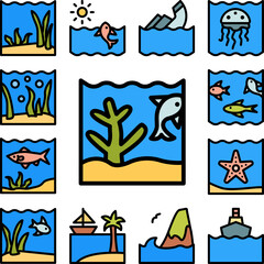 Coral, fish, ocean icon in a collection with other items