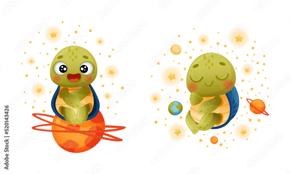 Poster cute green turtle sitting on planet and floating in outer space vector set