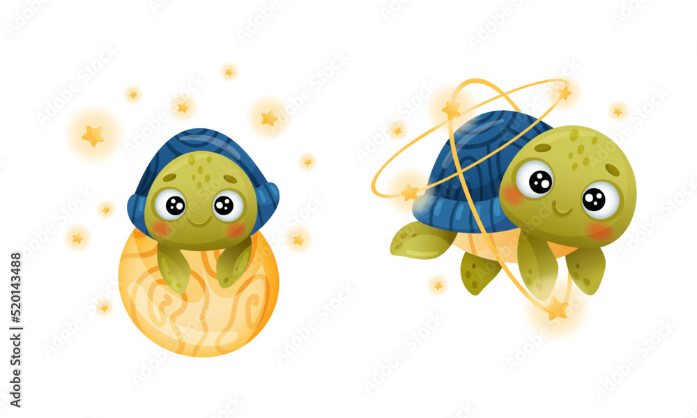Poster cute green turtle floating in outer space with planet and star vector set