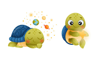 Obraz premium Cute Green Turtle Dreaming of Outer Space and Holding Star Vector Set