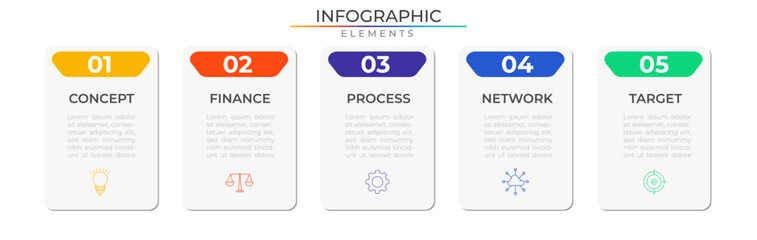 Finance business infographic elements concept design vector with icons. Workflow network project template for presentation and report.