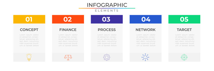 Five steps rectangle infographic elements concept design vector with icons. Business network project template for presentation and report.
