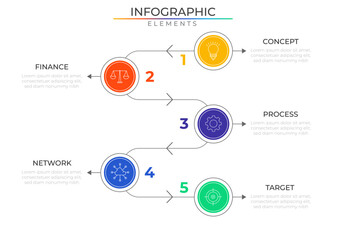 Fototapeta premium Five steps timeline infographic elements concept design vector with icons. Business workflow network project template for presentation and report.
