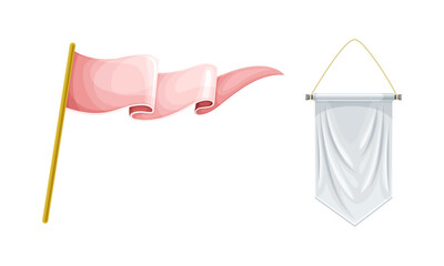 Pink Flag on Pole and Pennant or Pennon Shaped Banner Made of Smooth Fabric Vector Set