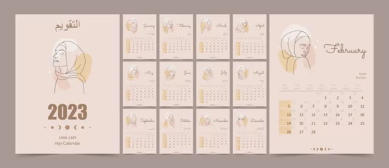 Foto op Plexiglas Hijri islamic and gregorian calendar 2023. From 1444 to 1445 vector template with abstract arabic women faces in one line style. Week starting on sunday. Flat minimal desk or wall picture design. © KeronnArt