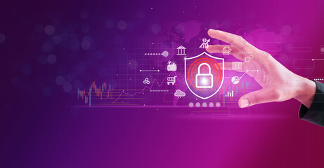 Fototapeta premium Businessman holding shield protect icon. Protection network security computer and safe your data concept, lock symbol, concept about security, cybersecurity and protection against dangers.