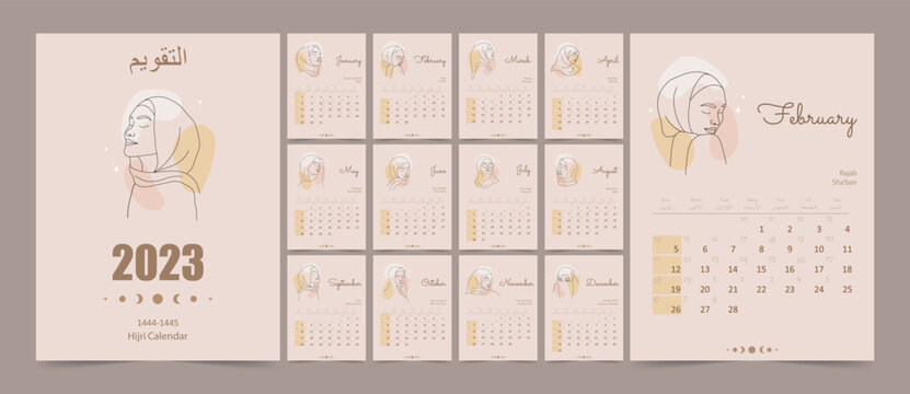 Hijri Islamic And Gregorian Calendar 2023. From 1444 To 1445 Vector Template With Abstract Arabic Women Faces In One Line Style. Week Starting On Sunday. Flat Minimal Desk Or Wall Picture Design.