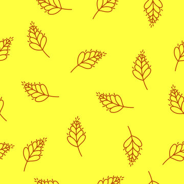 Ripe colored spike pattern seamless, brown spikelet on yellow background. Sheaf of ears of wheat spikelet illustration