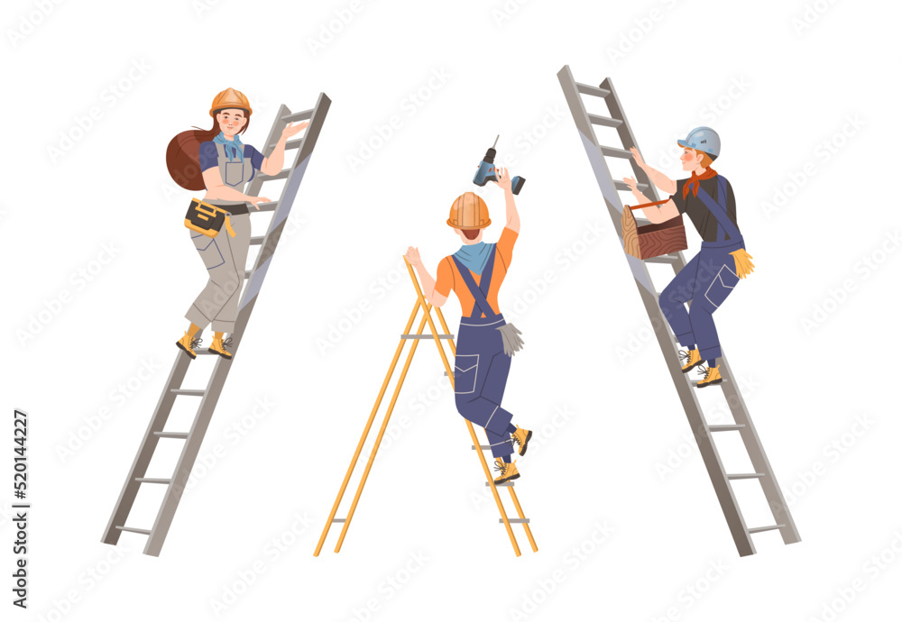 Poster man and woman builder character standing on ladder with drill and toolbox building house vector set
