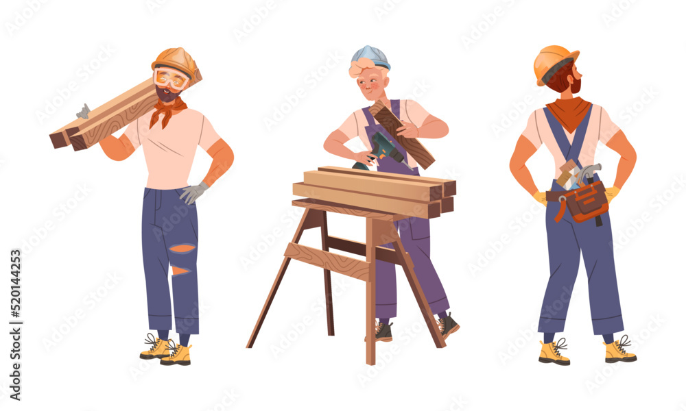 Poster man builder character working with wooden plank and timber vector set