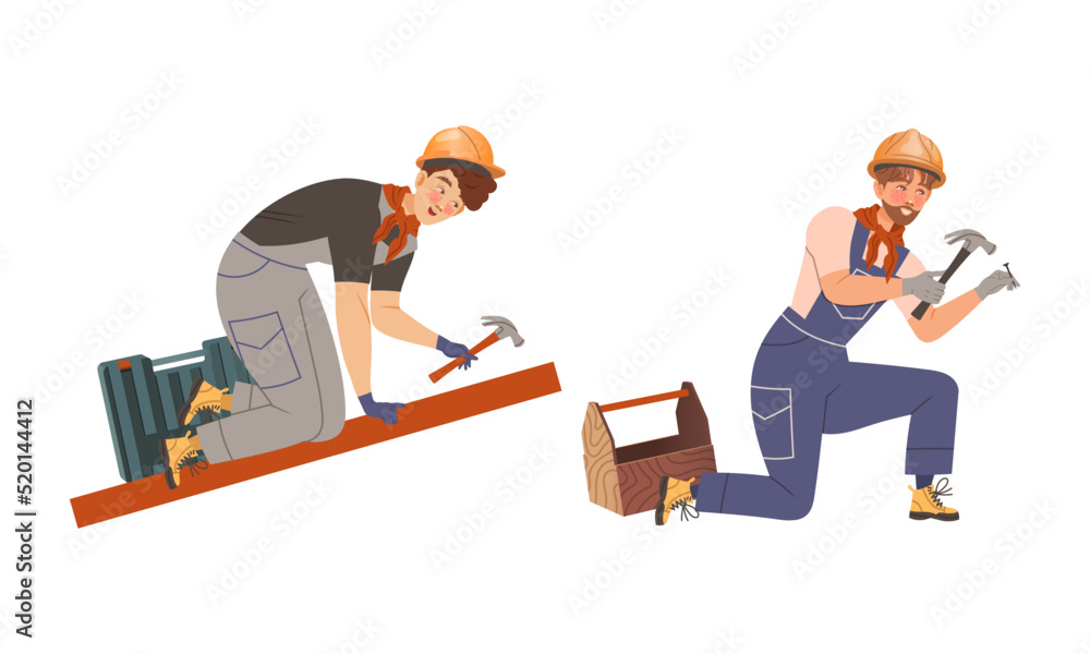 Poster man builder character nailing with hammer building house vector set