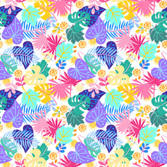 Fototapeta na wymiar Multicolor layered seamless print for fabric with tropical leaves, lemon and orange slices on a white background in vector. Natural exotic pattern.