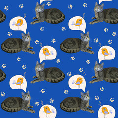 Cute tabby cats think of singing birds among footprints on sapphire blue background in vector. Seamless funny print for fabric.