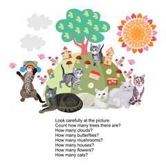 Children's educational game for the development of attention. Look at the picture and count the objects: trees, clouds, butterflies, mushrooms, houses, flowers, cats. Activity for preschool years kids