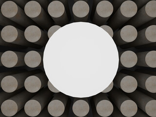 Concrete cylinders in top view with podium display stand. 3D Rendering. Dark scene.