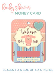 Hello baby girl - Baby shower greeting card. Baby gift card, money card template.