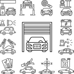 Inside garage, car repair icon in a collection with other items