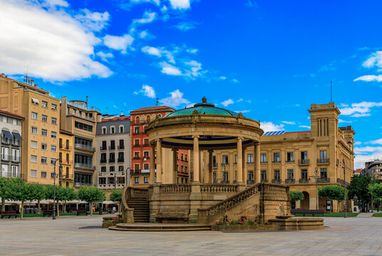 Historic Plaza del Castillo in Pamplona, Spain famous for running of the bulls