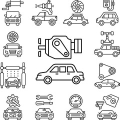 Motor, car repair icon in a collection with other items