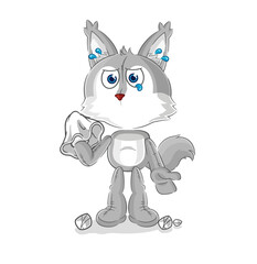 wolf cry with a tissue. cartoon mascot vector