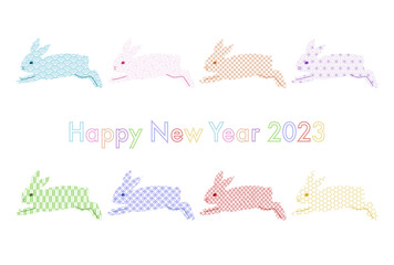 2023年卯年の年賀状イラスト: 走るうさぎ和柄デザイン