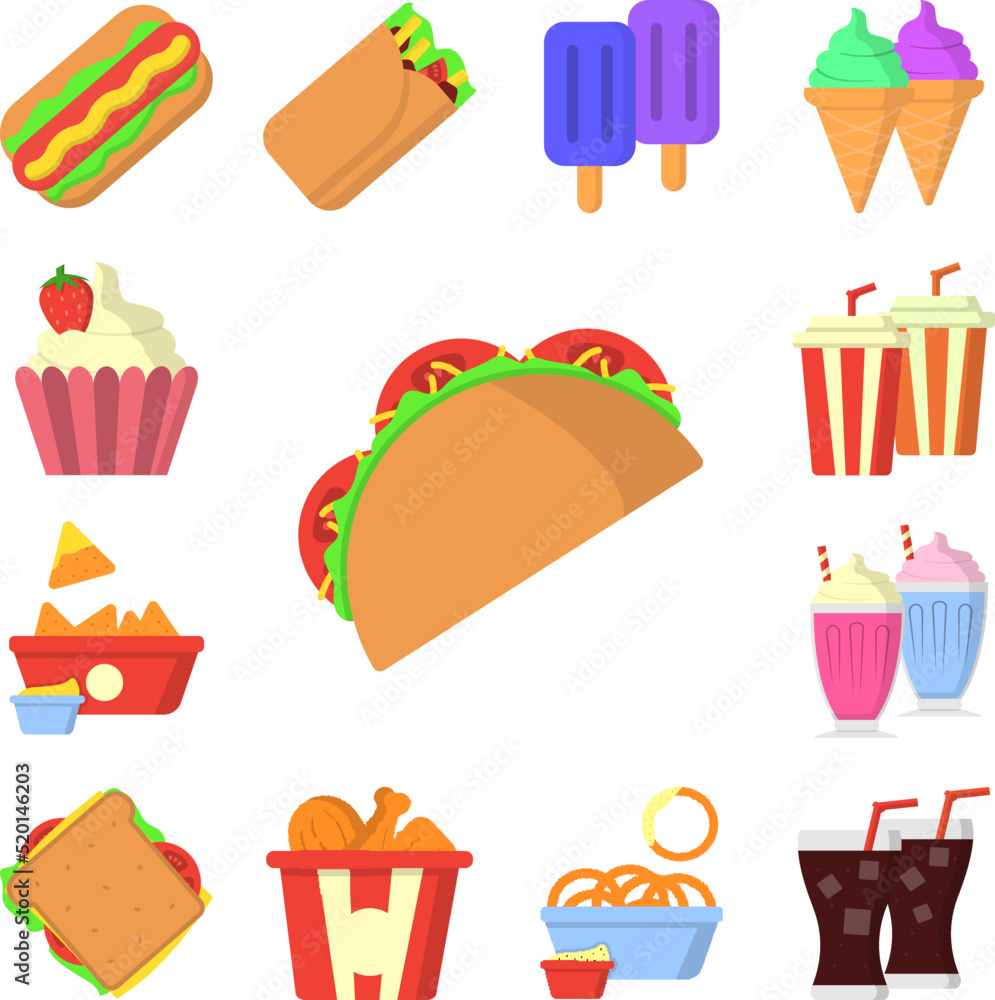 Poster taco color icon in a collection with other items