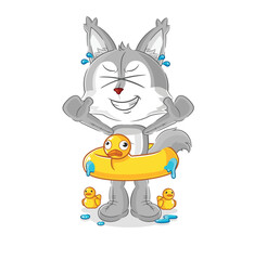 wolf with duck buoy cartoon. cartoon mascot vector