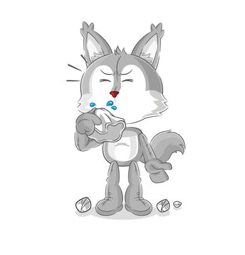 wolf blowing nose character. cartoon mascot vector
