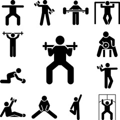 Fototapeta na wymiar Man gym barbell lift with arrow pictogram icon in a collection with other items