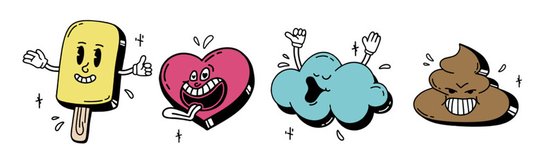 A set of retro cartoon characters from the 30s. Vintage comic smile multicolored vector illustration