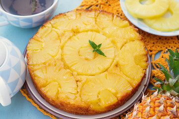 Sweet upside-down cake with pineapples and caramel