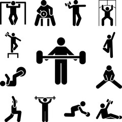 Weight gym man barbell with arrow pictogram icon in a collection with other items