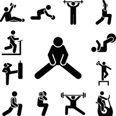 Man gym exercise with arrow pictogram icon in a collection with other items